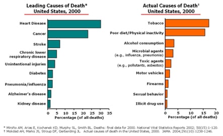 Chart depicting Leading Causes of Death compared to Actual Causes of Death for 2000