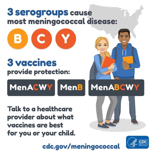 Three serogroups cause most meningococcal disease in the United States: B, C, and Y. Two vaccines provide protection: MenACWY helps protect against serogroups C and Y while MenB helps protect against serogroup B. Talk to a doctor about what vaccines are best for you or your child.