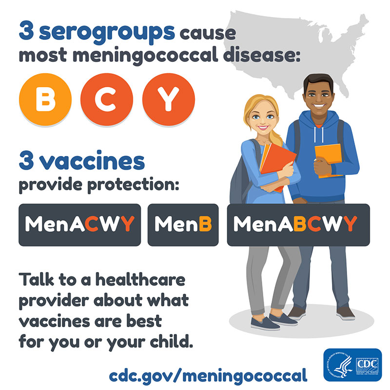 Tres serogrupos causan la mayoría de las enfermedades meningocócicas en Estados Unidos: B, C e Y. Dos vacunas proporcionan protección: MenACWY ayuda a proteger contra los serogrupos C e Y, mientras que MenB ayuda a proteger contra el serogrupo B. Hable con un médico sobre qué vacunas son las mejores para usted o su hijo.