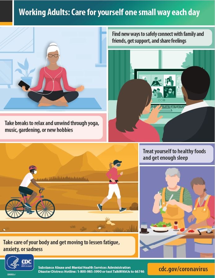 Infographic with tips for working adults that encourage them to take care of themselves one small way each day