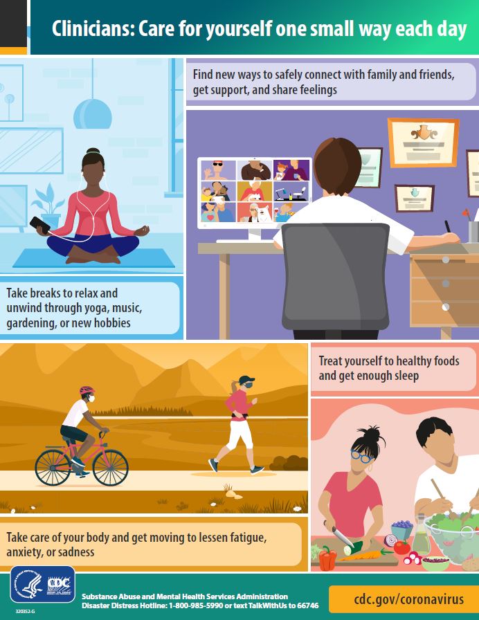 Infographic with tips for clinicians that encourage them to take care of themselves one small way each day