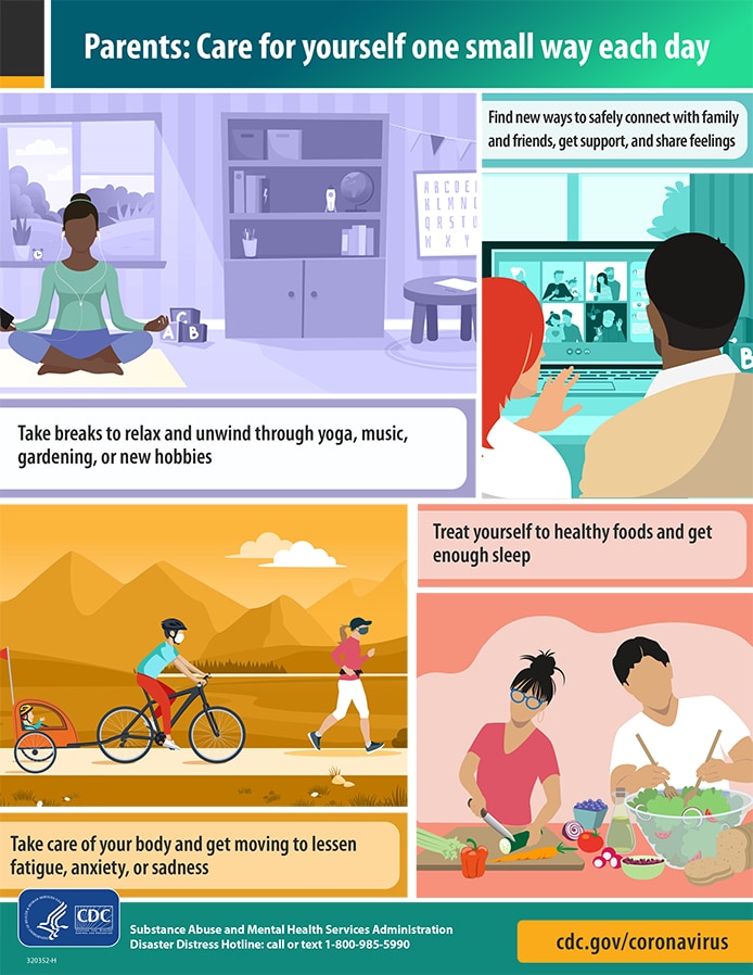 Infographic with tips for parents that encourage them to take care of themselves one small way each day