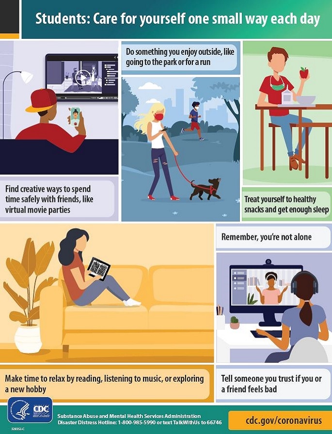 Infographic with tips for students that encourage them to take care of themselves one small way each day