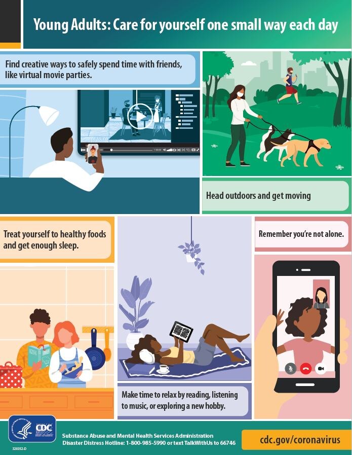 Infographic with tips for young adults that encourage them to take care of themselves one small way each day
