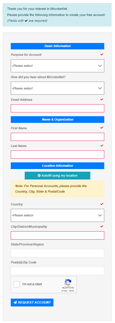 MicrobeNet registration form