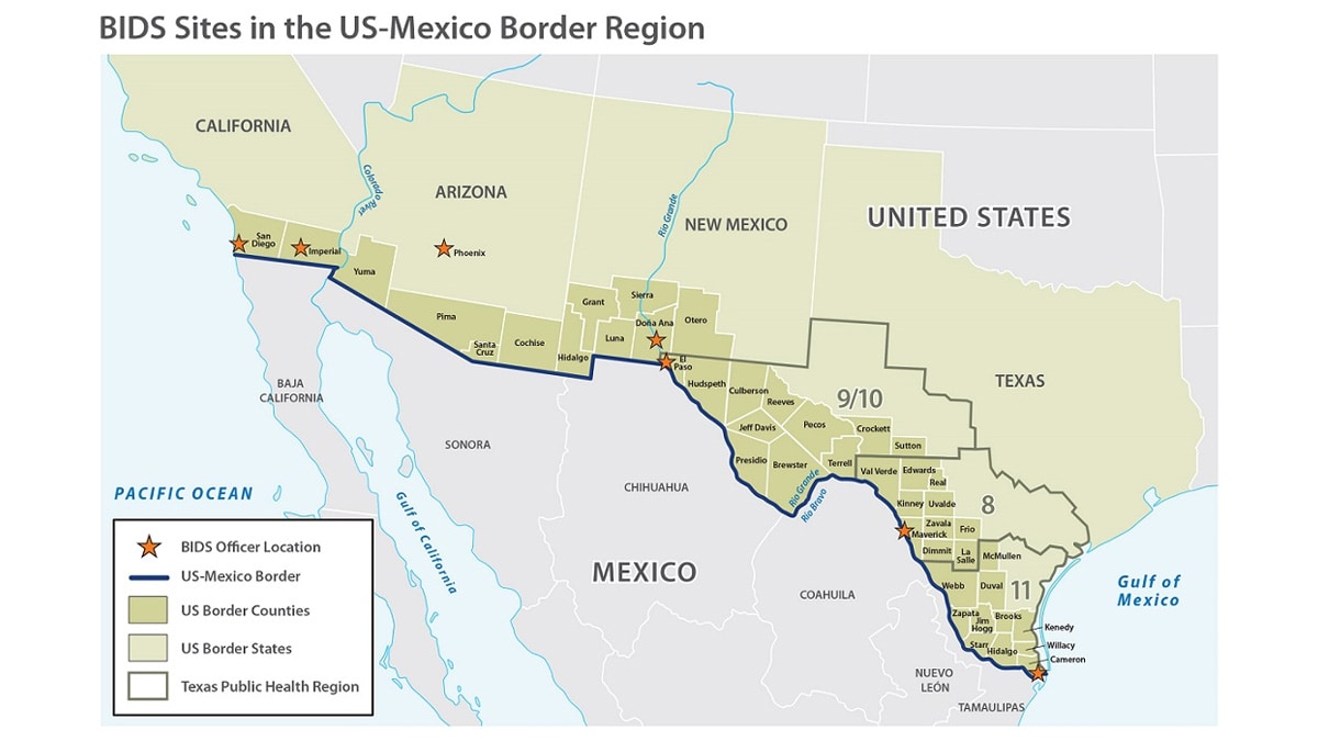 Map of the Unites States southern border states, California, Arizona, New Mexico, and Texas, and their border counties. BIDS officers are located in San Diego County and Imperial County in California; in Phoenix, Arizona; Doña Ana, New Mexico. Texas has three BIDS sites, located in three different public health regions: El Paso County in Public Health Region 9/10, Maverick County in Public health Region 8, and in Cameron County in Public Health Region 11.