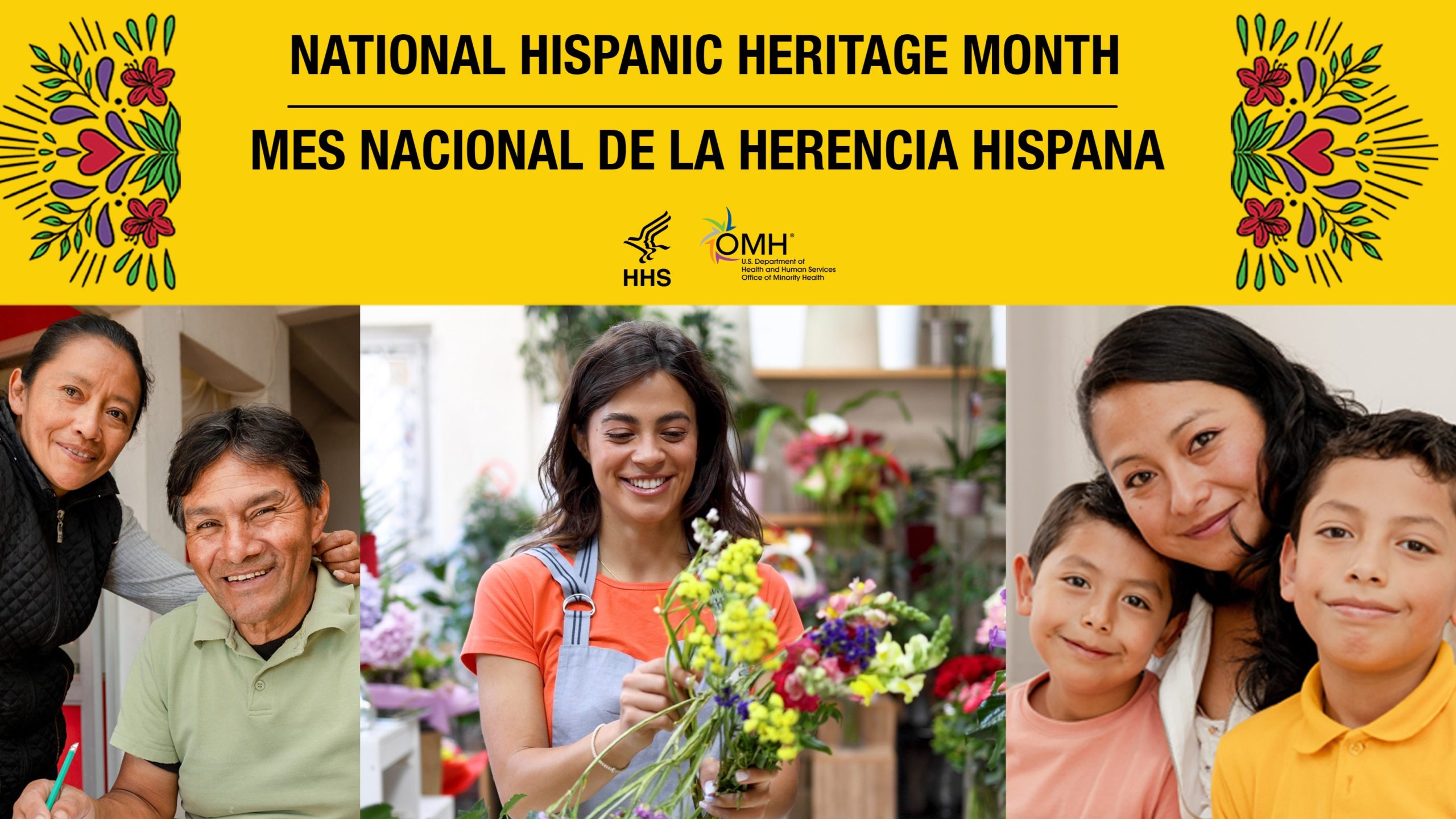National Hispanic Heritage Month graphic with Hispanic and Latino families.