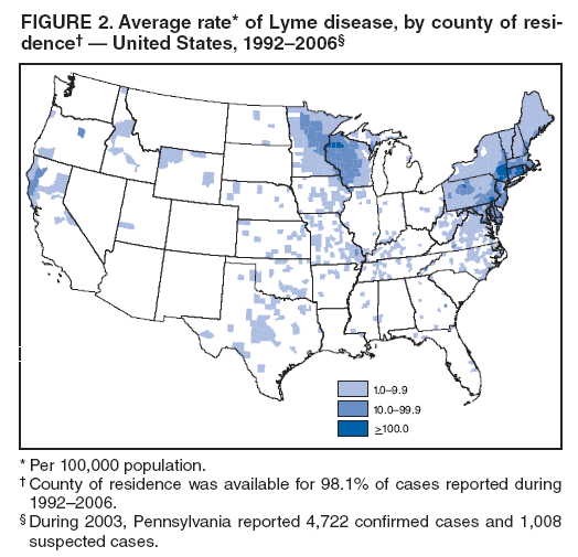 FIGURE 2. Average rate* of Lyme disease, by county of residence�
� United States, 1992�2006�