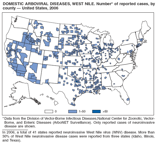 DOMESTIC ARBOVIRAL DISEASES, WEST NILE. Number* of reported cases, by county — United States, 2006