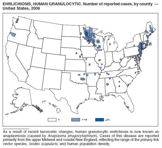 EHRLICHIOSIS, HUMAN GRANULOCYTIC. Number of reported cases, by county — United States, 2006
