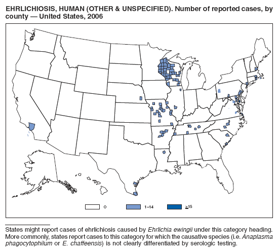 EHRLICHIOSIS, HUMAN (OTHER & UNSPECIFIED). Number of reported cases, by
county — United States, 2006