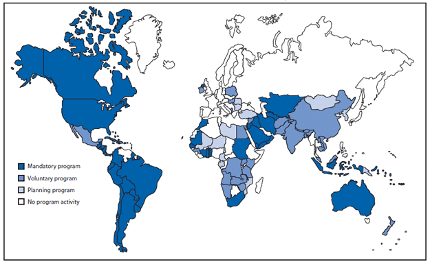 The figure shows countries with regulations for fortification of wheat flour with folic acid, by program status, worldwide as of June 2010. A total of 53 countries had regulations for mandatory fortification of wheat flour with folic acid, although many of these programs had not been fully implemented, and the existence of regulations did not imply compliance.