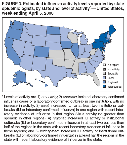 FIGURE 3. Estimated influenza activity levels reported by state
epidemiologists, by state and level of activity*  United States,
week ending April 5, 2008