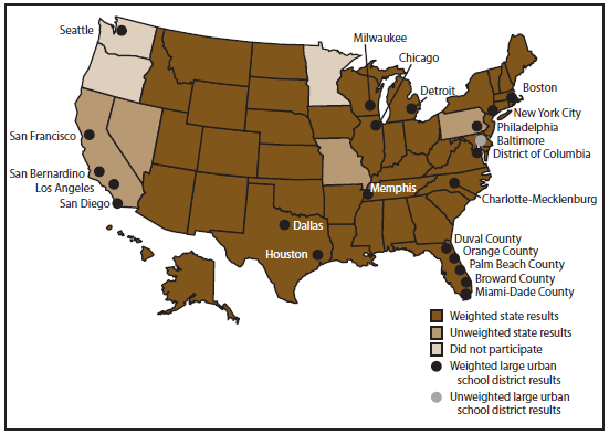 United States map showing data from the 43 state and 21 large urban district surveys with weighted data for the 2011 YRBSS cycle.