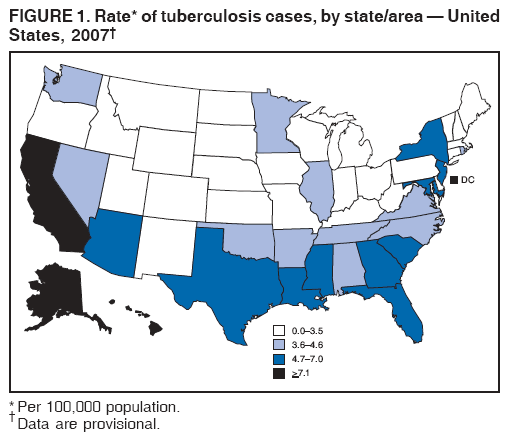 FIGURE 1. Rate* of tuberculosis cases, by state/area — United
States, 2007†