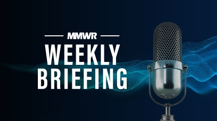 This figure is an image of a microphone on a dark background with sound waves and the text “MMWR Weekly Briefing,” representing the MMWR podcast.