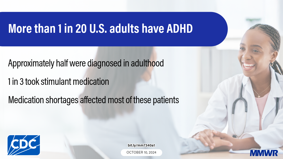 Graphic showing a healthcare provider holding a patient&rsquo;s hand. Text reads:  &ldquo;More than 1 in 20 U.S. adults have ADHD. Approximately half were diagnosed in adulthood. 1 in 3 took stimulant medication. Medication shortages affected most of these patients.&rdquo;
