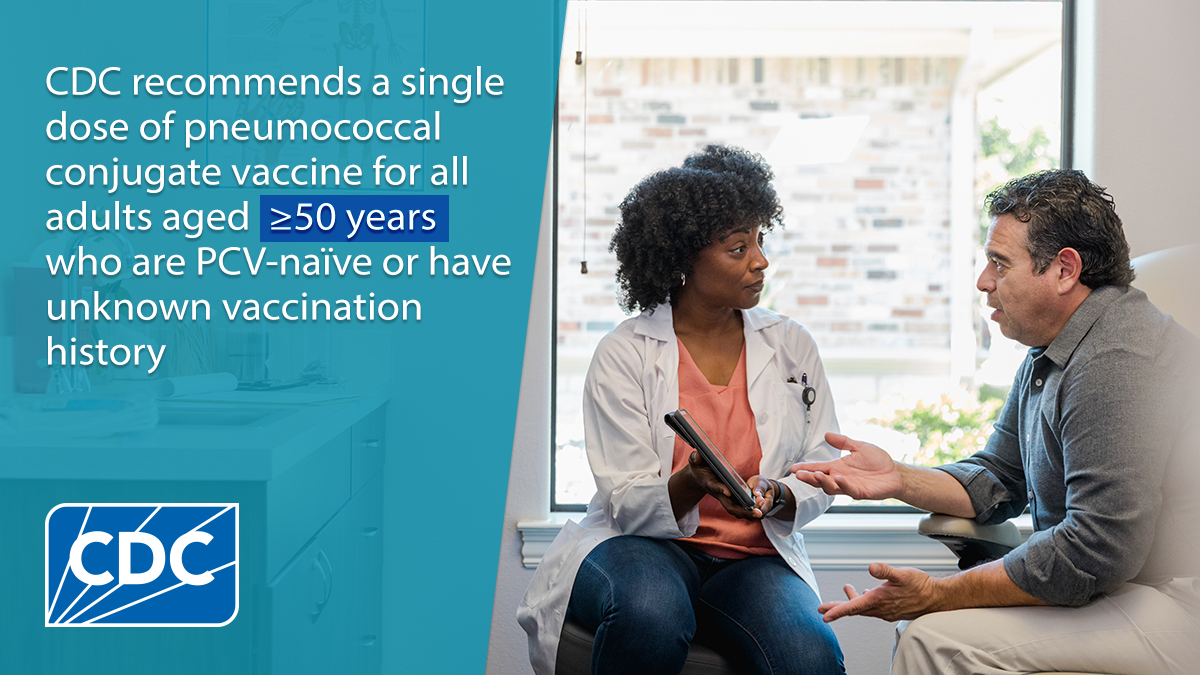 Opportunities to improve clinical outcomes The photo shows a clinician talking to a patient. Text reads, “CDC recommends a single dose of pneumococcal conjugate vaccine for all adults aged ≥50 years who are PCV-naïve or have unknown vaccination history.”