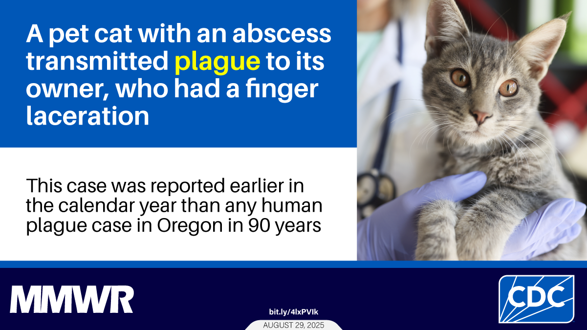 The graphic shows an image of a veterinarian holding a cat and text that reads, &ldquo;A pet cat with an abscess transmitted plague to its owner, who had a finger laceration. This case was reported earlier in the calendar year than any human plague case in Oregon in 90 years.&rdquo;