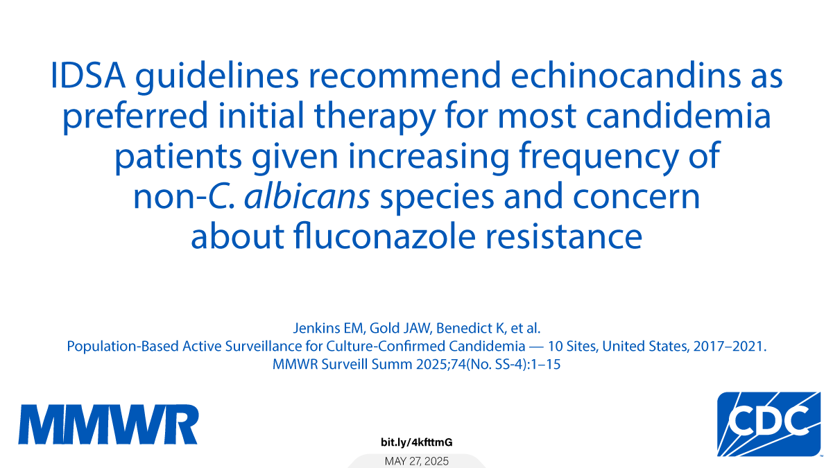 IDSA guidelines recommend echinocandins as preferred initial therapy for most candidemia patients given increasing frequency of non-C albicans species and concern about fluconazole resistance The image displays text that says, “IDSA guidelines recommend echinocandins as preferred initial therapy for most candidemia patients given increasing frequency of non-C albicans species and concern about fluconazole resistance.”