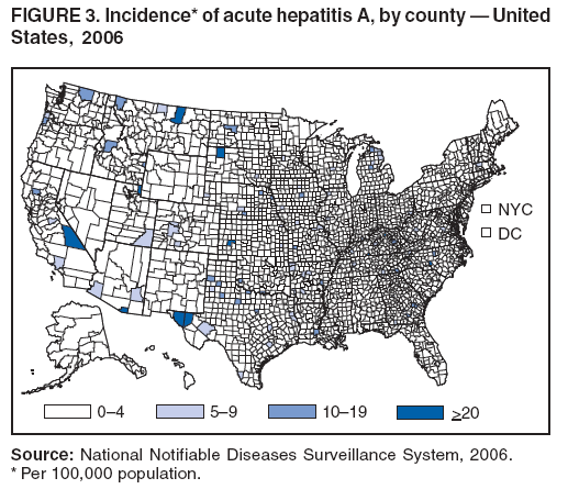 FIGURE 3. Incidence* of acute hepatitis A, by county � United
States, 2006