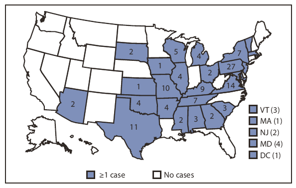 The figure shows the number of laboratory-confirmed cases (N = 135) of Salmonella Typhimurium infection with the outbreak strain during March 13-November 17, 2008, in the United States. A total of 135 cases in 25 states and the District of Columbia were identified in the national PulseNet database.