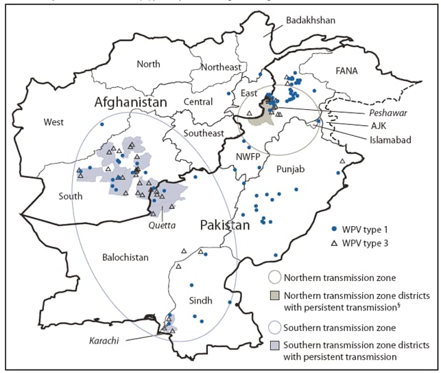 The figure shows wild poliovirus (WPV) cases, by type and province or region in Afghanistan and Pakistan in 2009. In Afghanistan, 38 WPV cases (15 WPV1 and 23
WPV3) were reported during 2009, compared with 31 WPV cases (25 WPV1 and six WPV3) in 2008.
