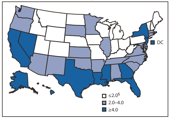 The figure shows the rate of tuberculosis (TB) cases, by state/area in the United States in 2009. In 2009, TB rates in 51 reporting areas ranged from 0.4 (Wyoming) to 9.1 (Hawaii) cases per 100,000 population (median: 2.7 cases per 100,000 population). Thirty-six states and the District of Columbia had lower rates in 2009 than 2008; 14 states had higher rates. Four states (California, Florida, New York, and Texas) reported more than 500 cases each for
2009. Combined, these four states accounted for approximately half (50.3% [5,801]) of all TB cases in 2009. 
