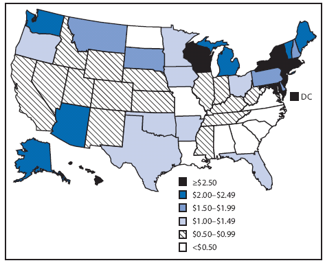 The figure shows state excise taxes per pack of 20 cigarettes for the United States as of December 31, 2009. During 2009, all states and the District of Columbia had cigarette excise taxes.