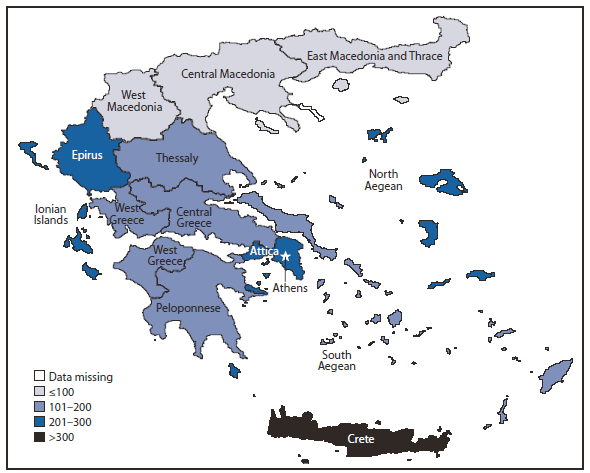 The figure shows the number of laboratory-confirmed cases of 2009 pandemic influenza A (H1N1) per 100,000 population, by administrative periphery in Greece from May 18, 2009-February 28, 2010. During May 18, 2009-February 28, 2010, a total of 18,075 laboratory-confirmed 2009 H1N1 cases were reported. Laboratory-confirmed illness rates per 100,000 population varied among the 13 administrative peripheries of Greece.