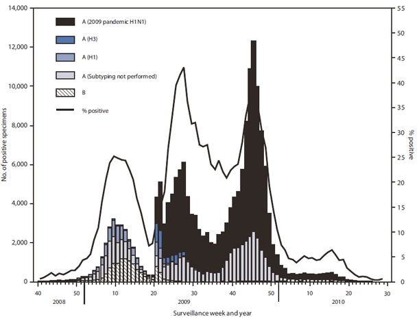 The figure shows the number and percentage of respiratory specimens testing positive for influenza, by type, weekly national summary during August 30, 2008 - June 12, 2010. During August 30, 2009-June 12, 2010, World Health Organization (WHO) and National Respiratory and Enteric Virus Surveillance System (NREVSS) collaborating laboratories in the United States tested 468,218 specimens for influenza viruses; 91,152
(19.5%) were positive.
