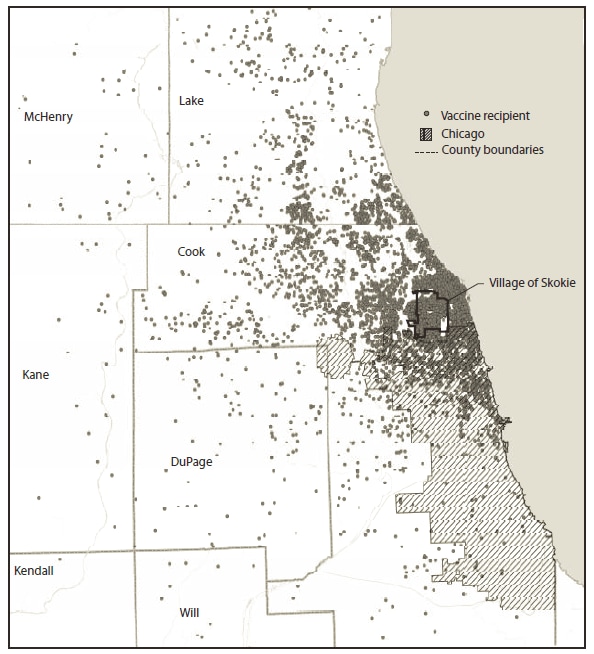The figure shows residences of Illinois recipients of doses of influenza A (H1N1) 2009 monovalent vaccine administered by the Skokie Health Department  during October 16-December 31, 2009. In all, SHD administered or distributed
40,850 doses, in what evolved into a five-phase campaign that resulted in SHD administering influenza A (H1N1) 2009 monovalent vaccine to persons who resided far beyond the village boundaries.
