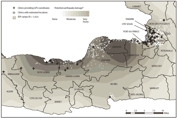 The figure shows the distribution of temporary health-care clinics reporting to the Internally Displaced Person Surveillance System (IDPSS) and location of IDP camps, by commune, in Haiti, during May 2010.