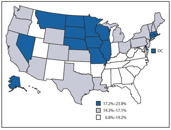 Figure 1 shows the prevalence of binge drinking among adults surveyed by landline telephone, by state, for the United States during 2009, from the Behavioral Risk Factor Surveillance System. By state, the prevalence of binge drinking ranged from 6.8% in Tennessee to 23.9% in Wisconsin. States with the highest prevalence of adult binge drinking were located in the Midwest, North Central Plains, and lower New England. Additional high-prevalence states included Alaska, Delaware, the District of Columbia, and Nevada.