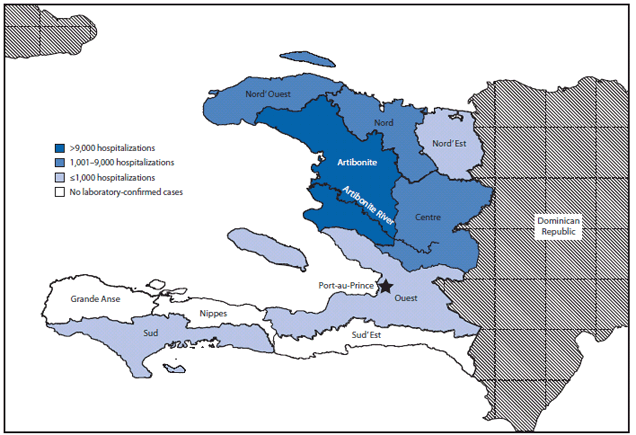 The figure shows the number of persons hospitalized with cholera (N = 16,111), by department in Haiti during October 20-November 13, 2010. Most of the hospitalizations (10,230) occurred in Artibonite Department.