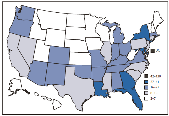 The figure shows rates of AIDS diagnoses among adults aged 18-64 years, by area of residence in the 50 states and the District of Columbia in 2008. In 2008, among the 50 states and DC, AIDS diagnosis rates (per 100,000 population) for adults aged 18-64 years ranged from an estimated 2.0 per 100,000 in South Dakota to 130.1 per 100,000 in DC, with the highest rates occurring in the South and Northeast census regions and highly populated states (e.g., California and Illinois).