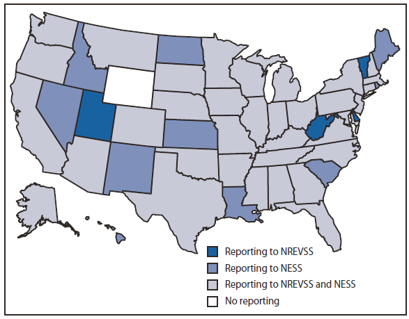 The figure shows the method of reporting enterovirus detections, by state, in the United States during 2006-2008. Enterovirus and HPeV detections were reported from 49 states through one or both of these surveillance systems during the years specified.