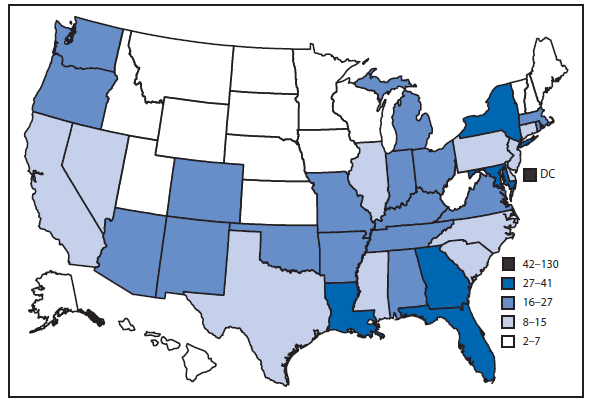 The figure shows rates of AIDS diagnoses among adults aged 18-64 years, by area of residence, in 50 states and the District of Columbia in 2008. In 2008, AIDS diagnosis rates (per 100,000 population) ranged from an estimated 2.0 per 100,000 in South Dakota to 130.1 per 100,000 in the District of Columbia, with the highest rates occurring in the South and Northeast U.S. census regions and highly populated states (e.g., California and Illinois).