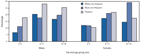 The figure shows the prevalence of obesity among children and adolescents, by sex, age group, and race/ethnicity, in the United States during 2007-2008. During the past 10 years, the rapid increase in obesity has slowed and might have leveled. However, among the heaviest boys, a significant increase in obesity has been observed, with the heaviest getting even heavier. Moreover, substantial racial/ethnic disparities exist, with Hispanic boys and non-Hispanic black girls disproportionately affected by obesity
