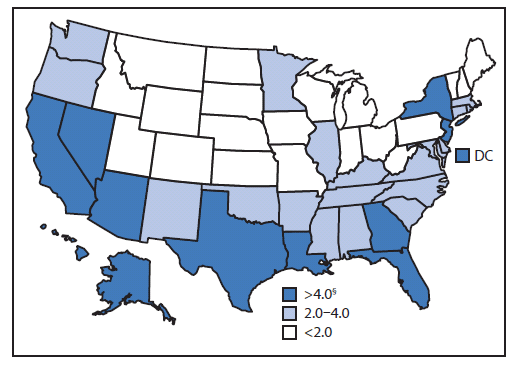 The figure shows the rate of tuberculosis (TB) cases, by state/area in the United States in 2010. In 2010, a total of 11,181 tuberculosis (TB) cases were reported in the United States, equivalent to a rate of 3.6 cases per 100,000 population. TB rates in reporting areas ranged from 0.6 (Maine) to 8.8 (Hawaii) cases per 100,000 population (median: 2.5).