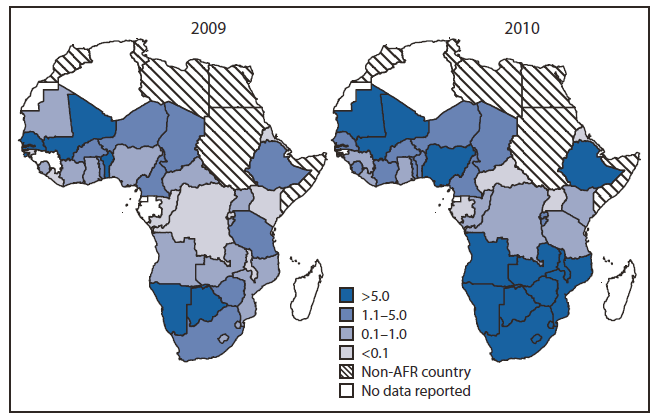 The figure shows confirmed measles incidence in 2009 and 2010, for the World Health Organization (WHO) African Region. The overall confirmed measles incidence for the region in 2010 was 17.2 per 100,000 population and 12 (30%) countries reported measles incidence of <5 cases per 1 million population.