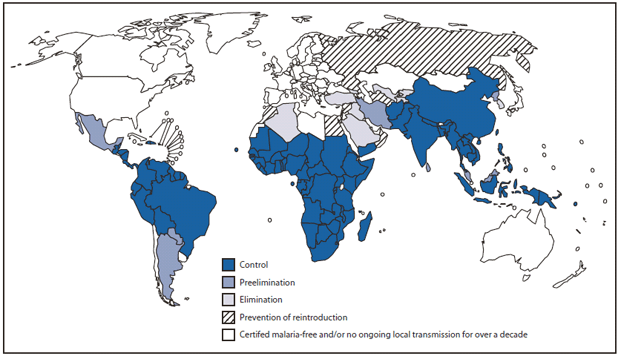 The figure is a world map showing malaria-free countries and malaria-endemic countries in different phases of malaria control, preelimination, elimination, and prevention of reintroduction in 2008.