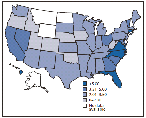 The figure shows fatal occupational injuries (N = 1,142) among grounds maintenance workers, as a percentage of all occupational fatalities in the United States during 2003-2008. Approximately half (568 deaths) of the grounds maintenance worker fatalities occurred in seven states: California (137), Florida (136), Texas (91), Virginia (56), North Carolina (52), Georgia (49), and Ohio (47). A total of 463 (41%) of the grounds maintenance worker fatalities occurred at private residences.
