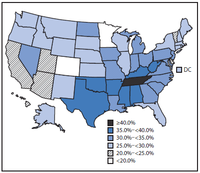 The figure above shows age-standardized prevalence of no leisure time physical activity (LTPA) among U.S. adults with arthritis during 2009, based on data from the Behavioral Risk Factor Surveillance System. For mapping, age-standardized (based on the 2000 U.S. standard population), state-specific no LTPA prevalence estimates among adults with arthritis were used to allow comparison of state data. Prevalence ranged from less than 20% in Colorado and Minnesota to 40% or more in Tennessee.