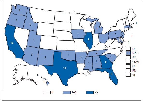 This figure is a map of the United States and U.S. territories that presents the number of brucellosis cases in each state and territory in 2010.