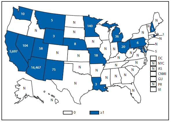 This figure is a map of the United States and U.S. territories that presents the number of reported cases in each state and territory in 2011.