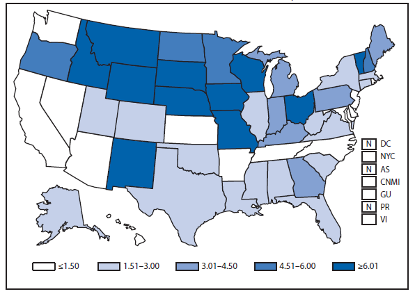 This figure is a map of the United States and U.S. territories that presents the incidence range per 100,000 population of cryptosporidiosis cases in each state and territory in 2011. 