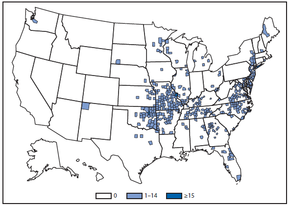 This figure is a map of the United States that presents the number of Ehrlichiosis (Ehrlichia chaffeensis) cases by county in 2011.
