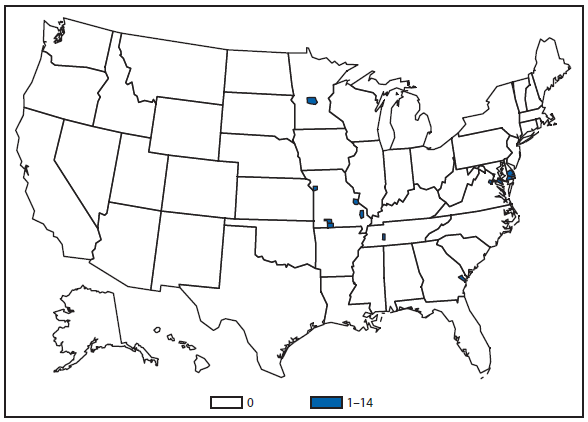 This figure is a map of the United States that presents the number of Ehrlichiosis (Ehrlichia ewingii) cases in by county in 2011.
