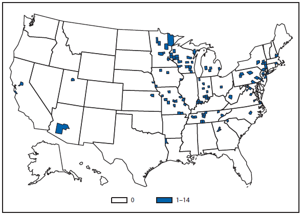 This figure is a map of the United States that presents the number of Ehrlichiosis (undetermined) cases by county in 2011.